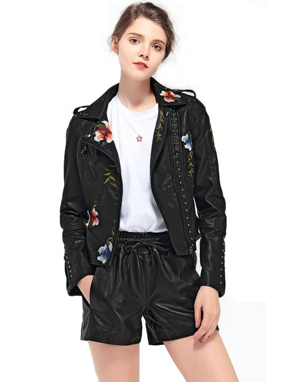 Women's Floral Embroidered Faux Leather Moto PU Jacket Coat